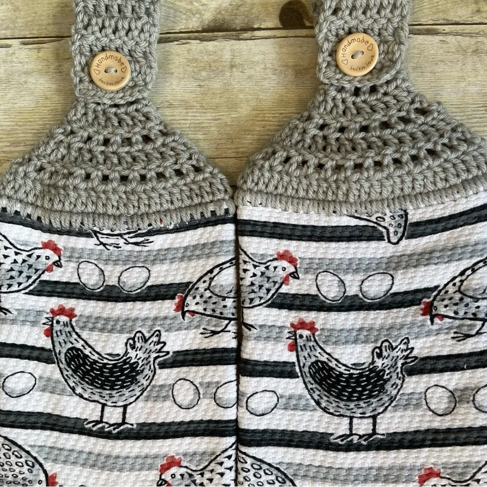 Chickens & Eggs Gray Tones Crochet Top Hanging Towels Set of Two